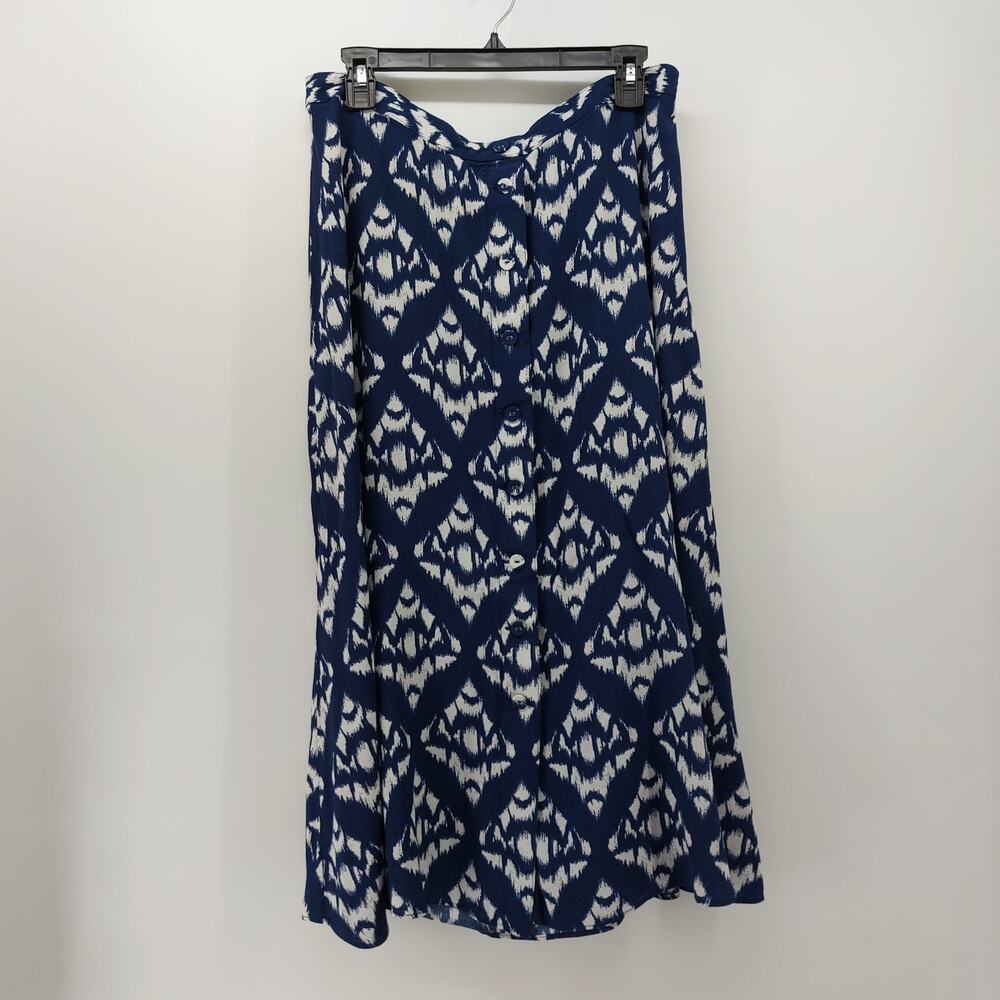Talbots Ikat Midi Skirt Blue Button Front Casual Sz 16